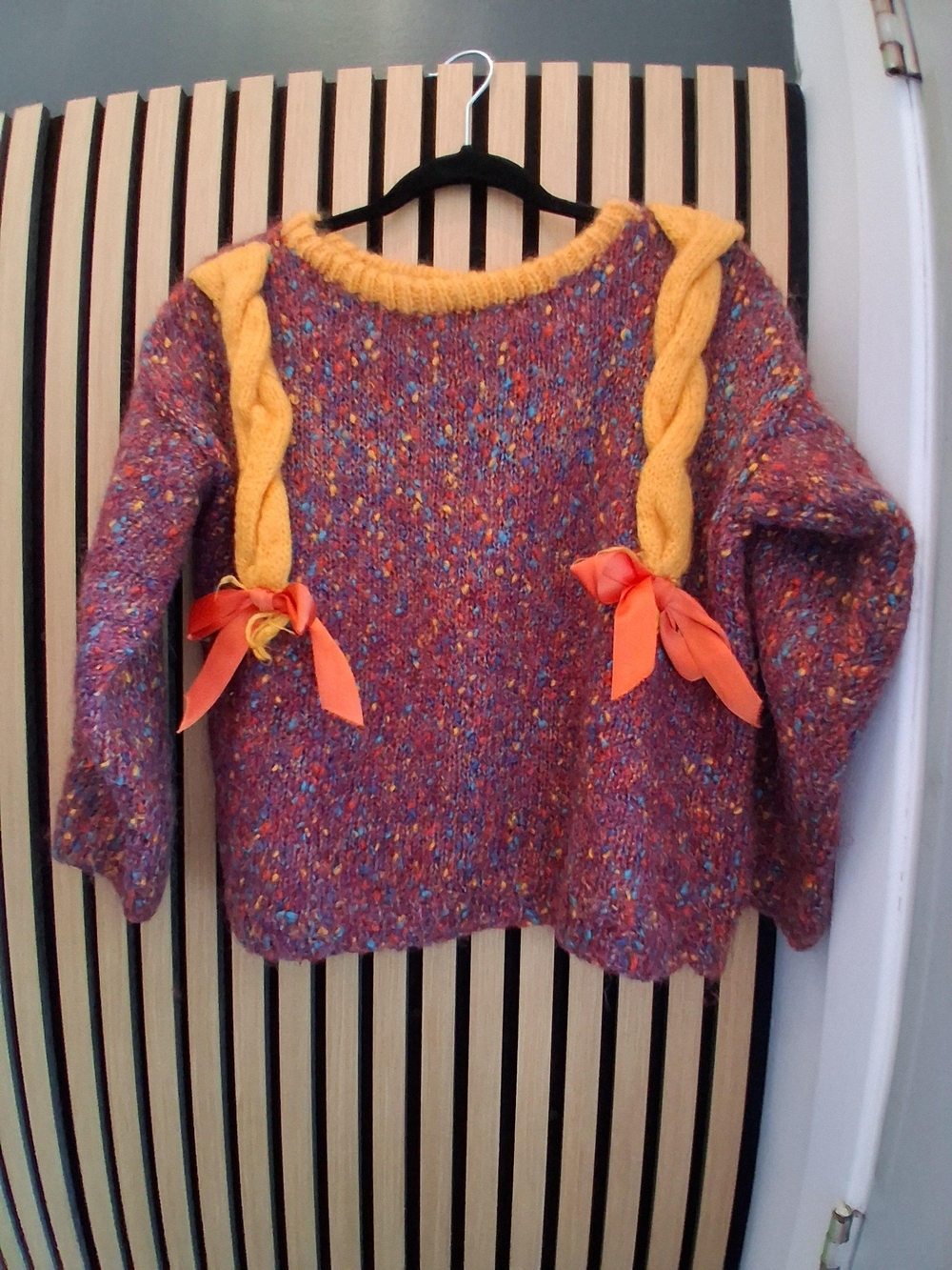 Hand-Knit Marled Purple Sweater with Mustard Braid Detail